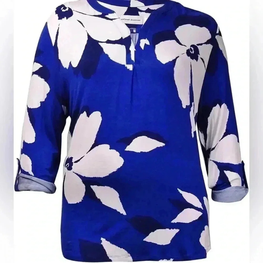 Alfred Dunner Catalina Island Exploded Flower Print Tunic Top Cobalt